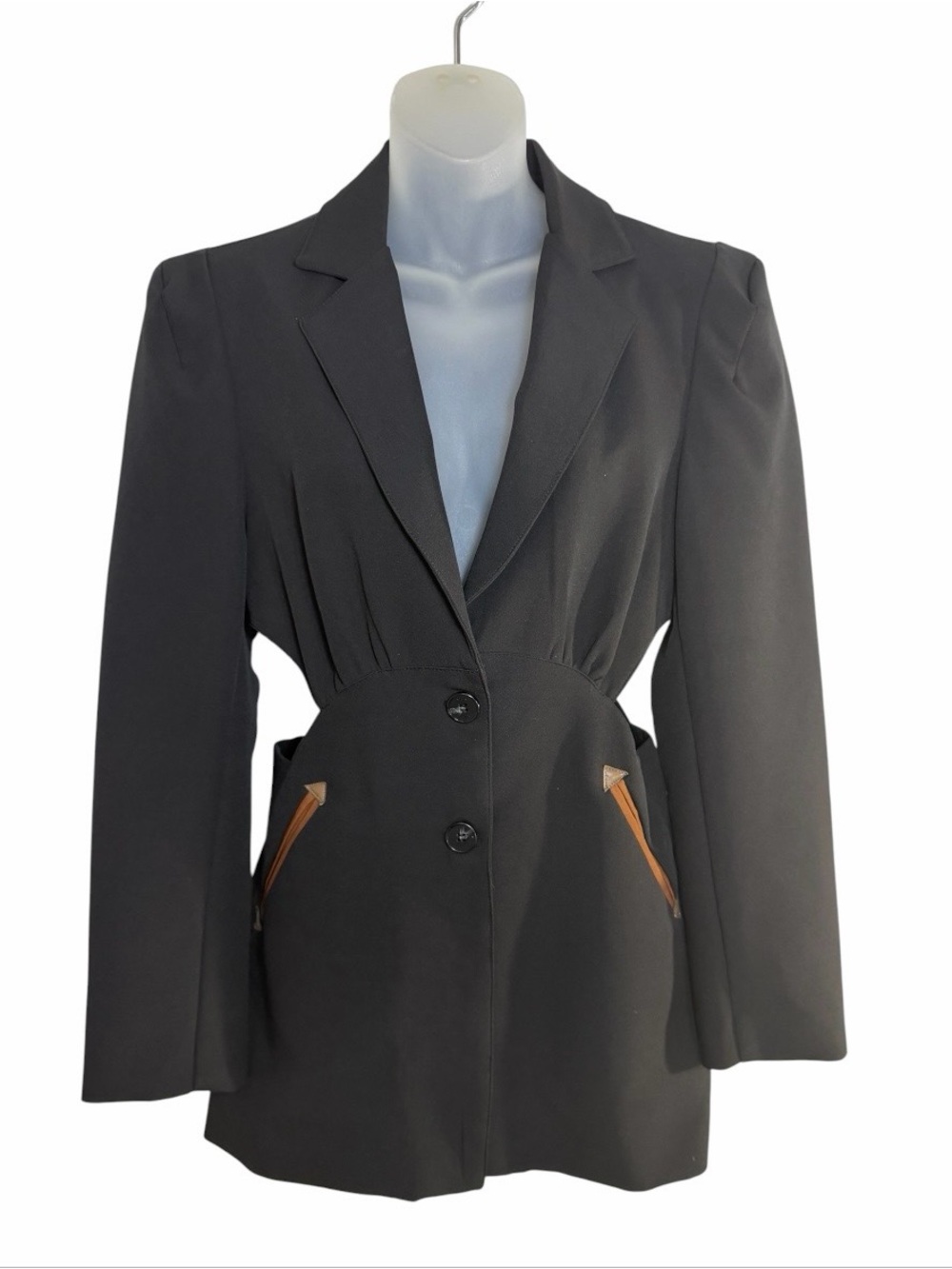 Beulah Style Black Blazer Dress M Cut Out Back Puff Shoulder